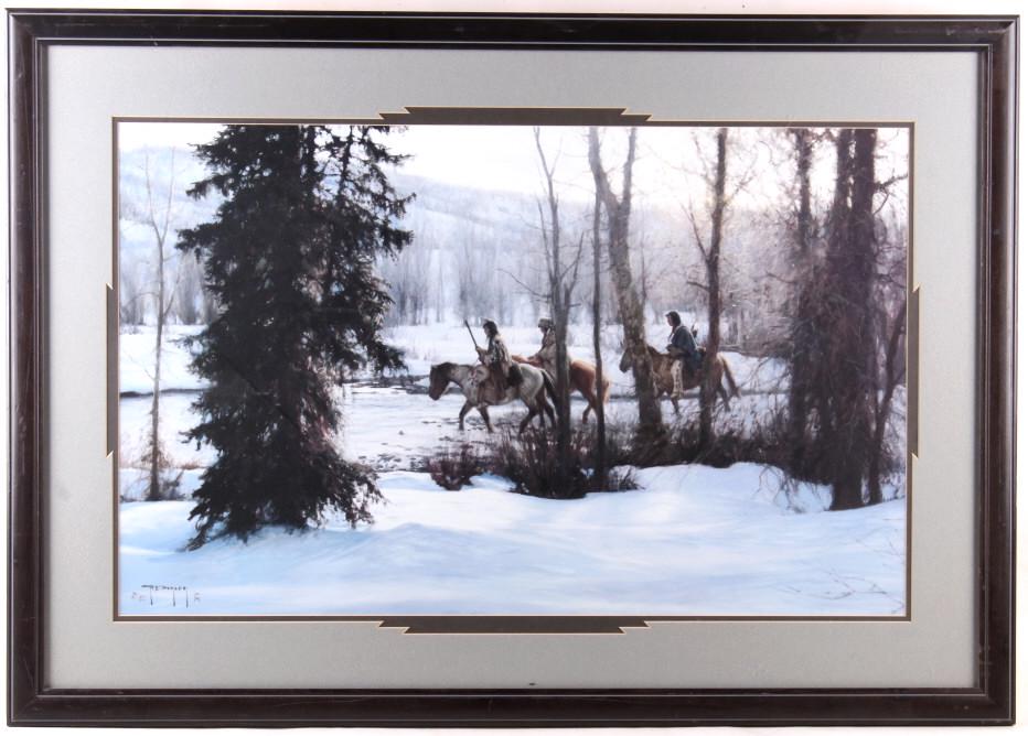 1985 "Indians in Snowy Woods" by Howard Terpning: For your consideration is this 1985 "Indians in Snowy Woods," by Howard Terpning. Around 1974, Terpning began to tire of commercial work and decided to follow his interest in the American West and Pla