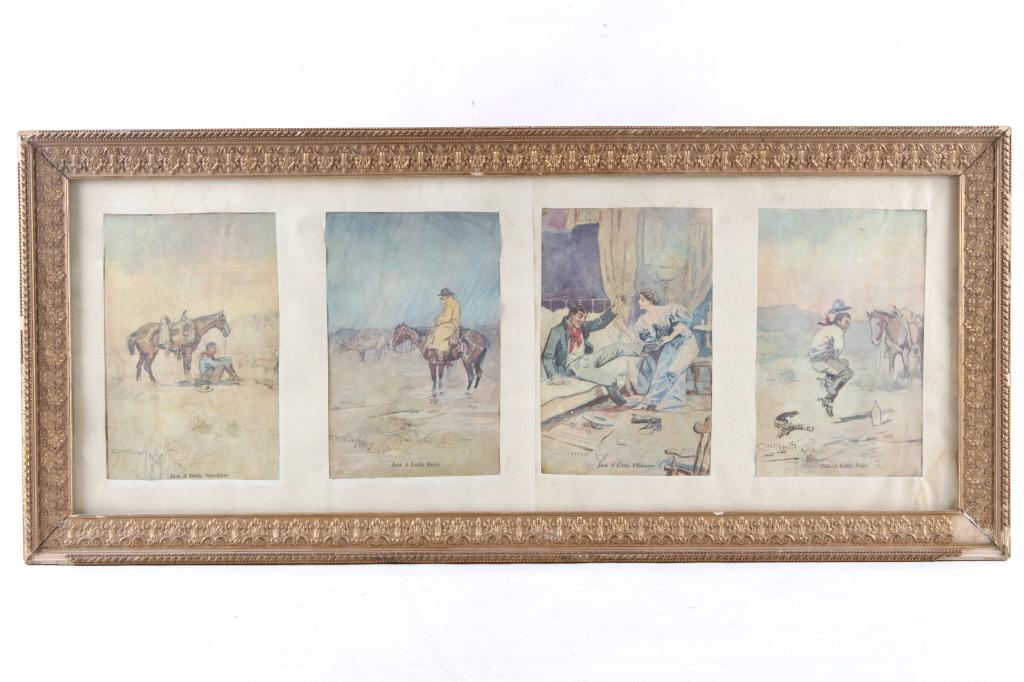 CM Russell Mint Bar Framed Pictures Taken 1965: For your consideration is this CM Russell set of framed pictures from the Mint Bar out of Great Falls Montana in 1965. There are four prints in this framed collection titled: Just a Little Sunshine, J