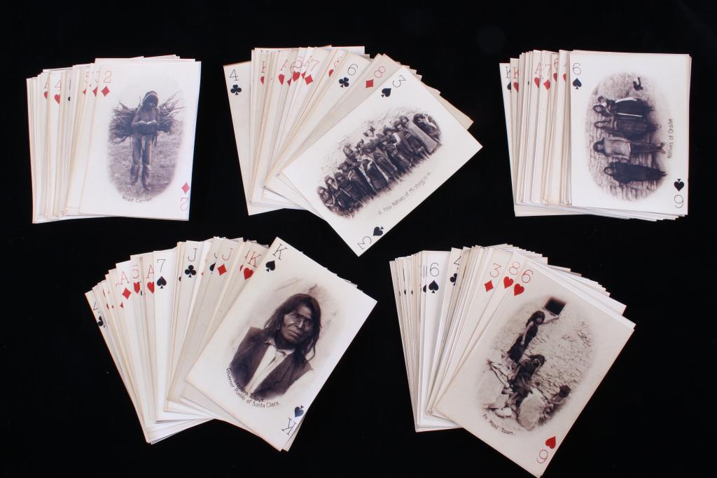 American Indian Reproduction Photo Playing Cards: For your consideration in this lot we have five collections of playing cards featuring reproductions of early Native American photos originating from the late 1800's to early 1900's. The photos depict