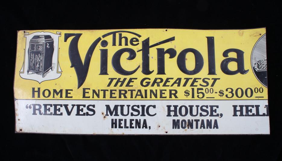Victrola Music Embossed Tin Sign from Helena, MT: Included in this lot we have a Victrola music embossed tin advertising sign originating from the early 1900's. The Victrola is a early record player made by Victor Talking Machine Company founded in 1