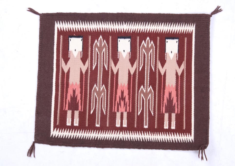 Navajo Yei Pictorial Fine Wool Sampler Rug: For your consideration is this Navajo Yei pictorial fine wool sampler rug. Yei is the Navajo name for a deity or a holy one. This shows a good design of pictorial Yei figures which are three centered 