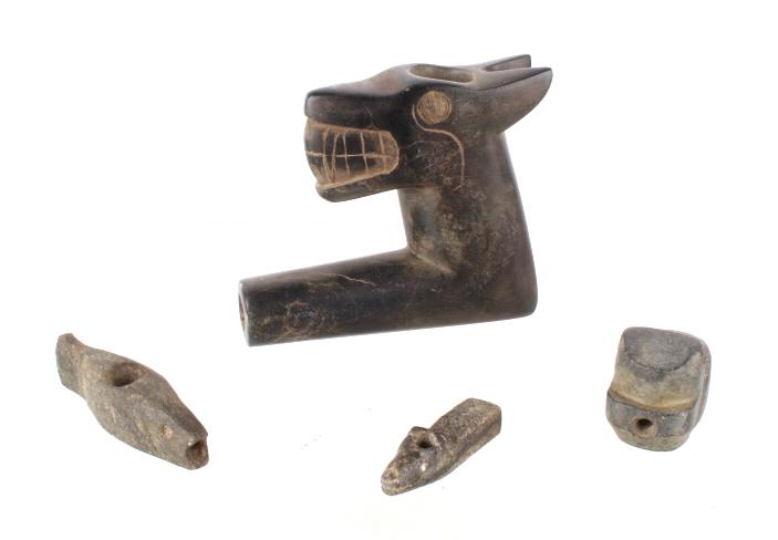 Collection of Native American Stone Pipe Bowls: for your consideration in this lot we offer a Collection of Four Native American Steatite Stone Pipe Bowls in the Mississippian Mound Culture style. The first is the largest, measuring 4 3/4" long x 4