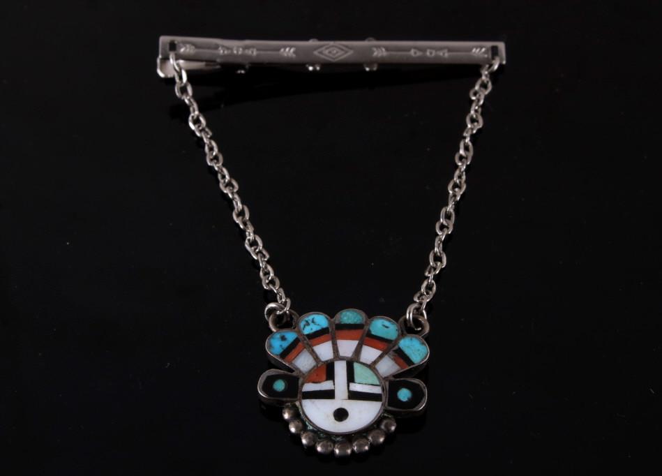 Pueblo Kachina Silver Multi Stone Mosaic Tie Bar: For your consideration is this Pueblo Kachina multi stone mosaic tie bar. This is a Kachina mosaic showing geometric shapes of precious stones including sleeping beauty turquoise, Mother of Pearl, Jet