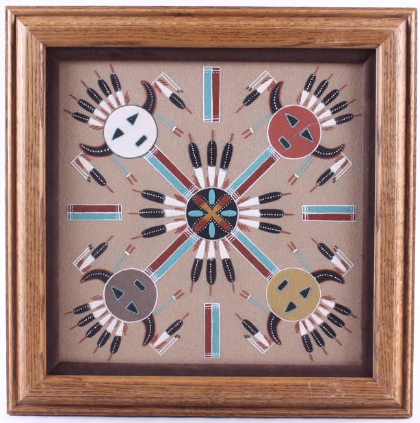 Four Houses of the Sun Sand Painting by R. Ben: In this lot we have Four Houses of the Sun by Rosabelle Ben. This is a Navajo Native American Religion Ceremonial Sand Painting Design. This sand painting has four faces in each corner of the painting