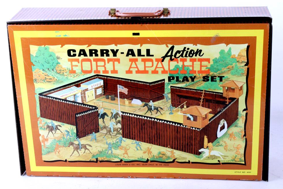 Carry-All Action Fort Apache Play Set Circa 1960: In this lot for your consideration is a Carry-All Action Fort Apache play set circa 1960. The set includes four fort building parts, one flagpole with flag, one well and bucket, four ladders, one pile