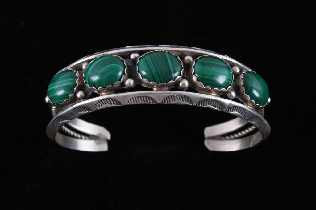 Signed Navajo Sterling Silver & Malachite Bracelet: For your consideration is this Navajo Sterling Silver and malachite bracelet signed by Navajo artist H. Spencer. This bracelet shows five magnificent malachite cabochon stones centered on a sterling s