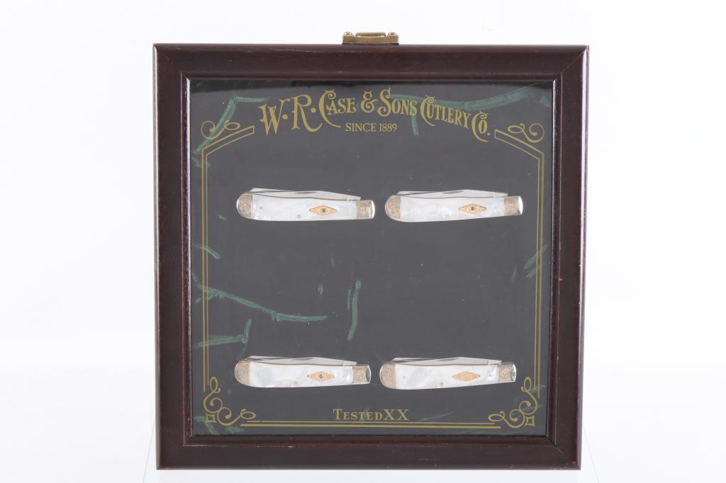2001 Case XX Knives - Gold Silver Gemstone Inlaid: For your consideration is this 2001 limited edition collection of four Case Tested XX Knife display. These knives are of wonderful construction showing a brilliant Mother of Pearl guard inlaid with pa