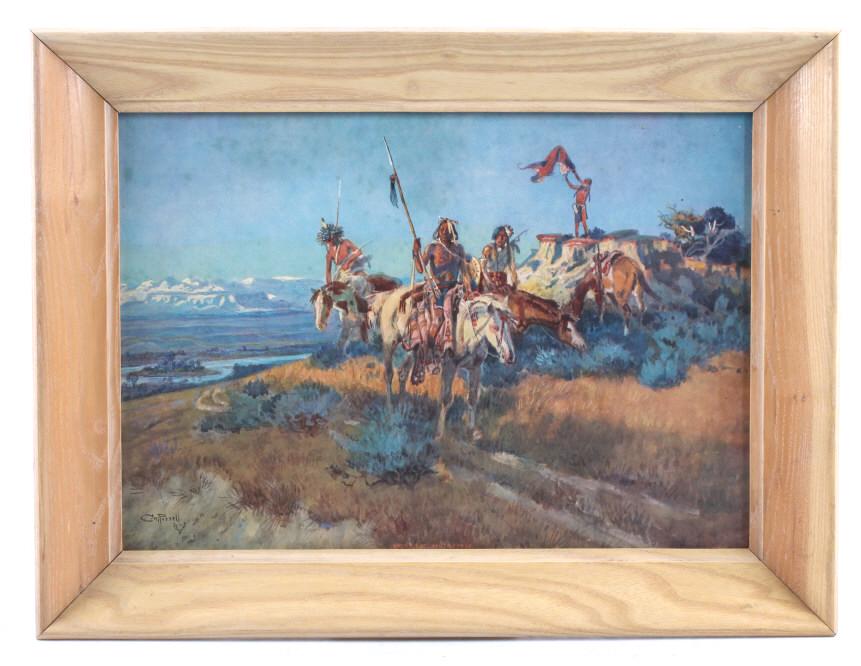 "When The Red Man Talks War" Charles Russell Print: Offered in this lot we have a framed Charles Russell print titled "When The Red Man Talks War". Charles Marion Russell (March 19, 1864 – October 24, 1926),also known as C. M. Russell, Charlie Russel