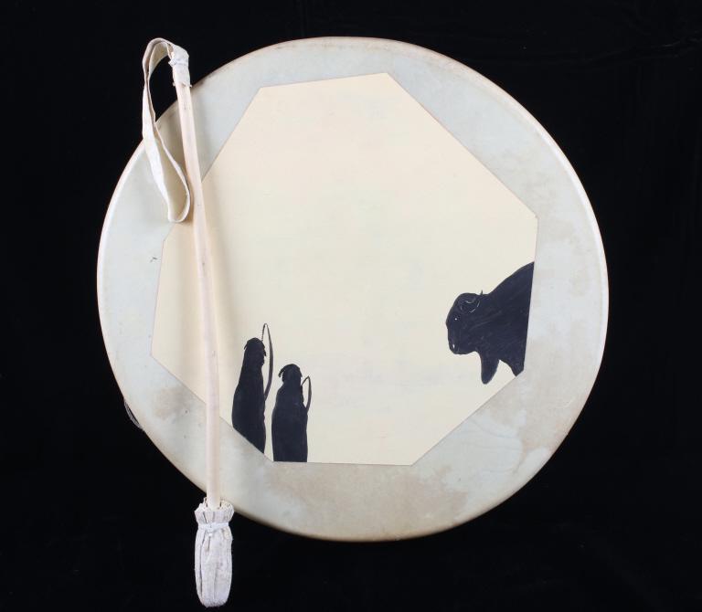 Plains Indian Style Stretched Raw Hide Drum: Available in this lot we have a Plains Indian style stretched rawhide drum. The drum displays rawhide construction stretched over a wooden frame. The front of the drum displays a hand painted image of