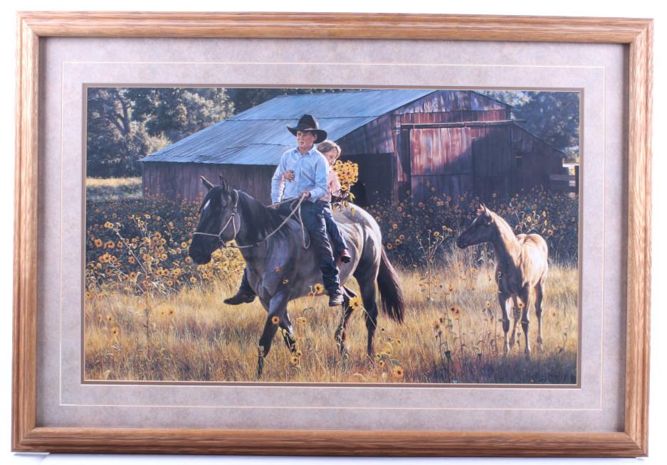 Tim Cox "Flowers For Mom" Framed Print: Featured in this lot we have a Tim Cox framed print titled "Flowers For Mom". The print shows two kids riding a horse bare back with the girl holding a bouquet of wild flowers. The two figures are rid