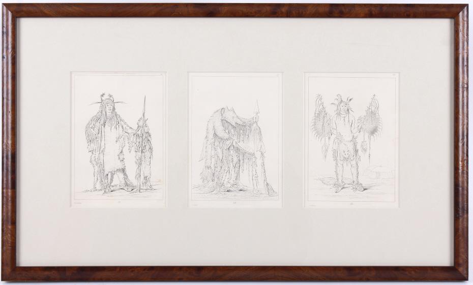 Framed George Catlin 1796-1872 Illustrated Plates: In this lot we have a three book plates by George Catlin. George Catlin was an American painter, author, and traveler, who specialized in portraits of Native Americans in the old west. Travelling to t