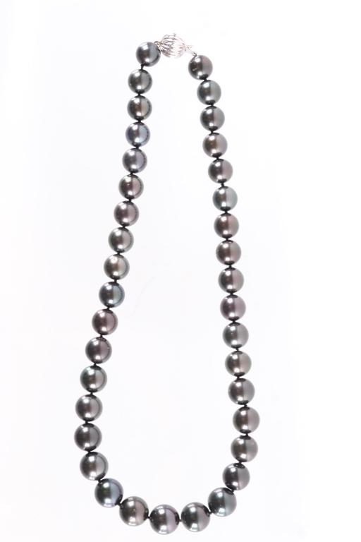 Scarce Black Tahitian Pearl 14K Necklace: This is a scarce Tahitian Pearl and 14K white gold necklace with AIGL paperwork and appraisal. The necklace shows a total of 37 cultured Tahitian Pearls with a dark gray coloring with bronze and purpl