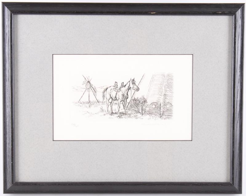 Nancy McLaughlin Powell (1932-1985) Etching: For your consideration is this etching by Nancy McLaughlin Powell (1932-1985). The etching shows a horse saddled with a Native American saddle outside of a tee pee with a spear and shield stack in the