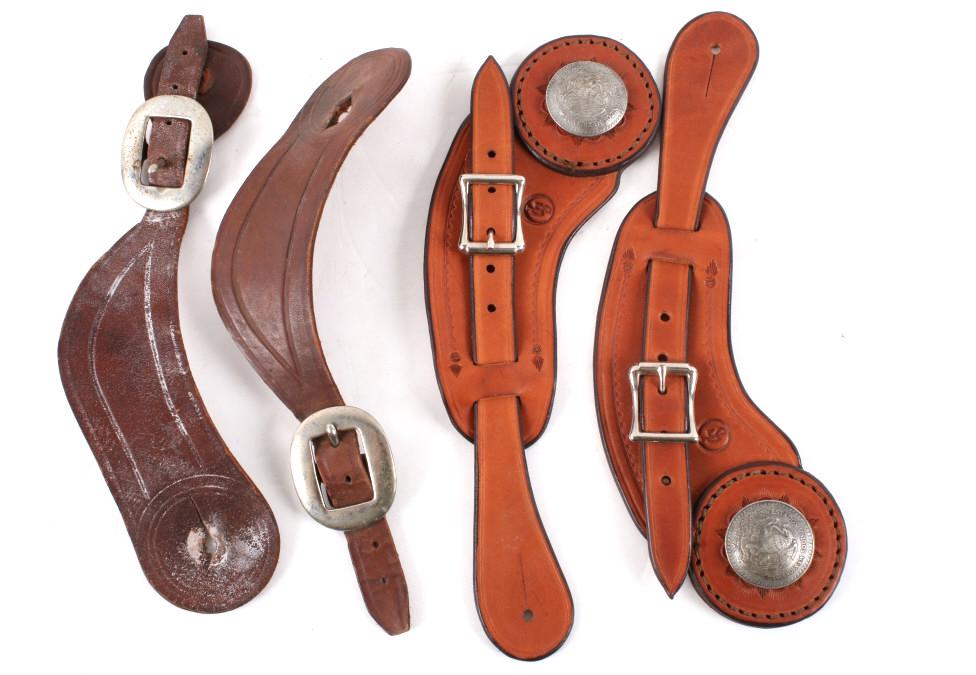 Vaquero Mexican Silver Coin Concho Spur Straps: Available in this lot we have a pair of genuine leather Mexican spur straps originating from the mid to late 1900's. The first pair of straps show a a dark brown coloration with metal hardware showing