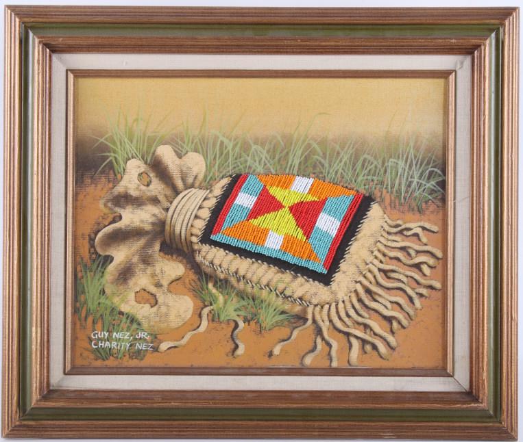Guy Nez Jr. Beaded Pouch Oil on Canvas Painting: For your consideration is this Navajo artist Guy Nez Jr. Pouch beaded pouch oil on canvas painting. The painting shows a Native American beaded pouch showing the pouch with live beaded design with geo