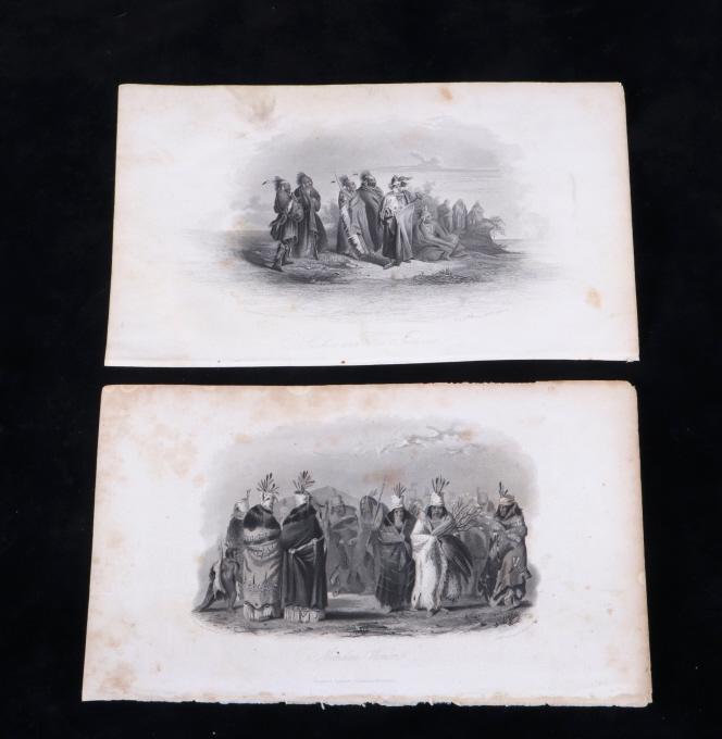 Karl Bodmer Etchings of Native Americans 1800: In this lot is offered a pair of etchings of Native American by Karl (Charles) Bodmer. The first etching is marked, Engraved expressly for Graham's Magazine, Eng. by Rawdon, Wright &Hatch, Ch.Bodmer P