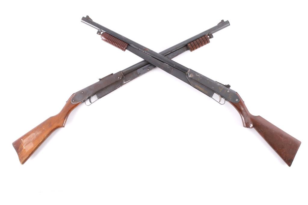 Pair of Daisy No. 25 Pump Action BB Gun: For your consideration is this pair of Daisy No. 25 pump action BB gun. The years on these air guns differs as does the material that the stocks are made of; one being a wooden stock and the other mad