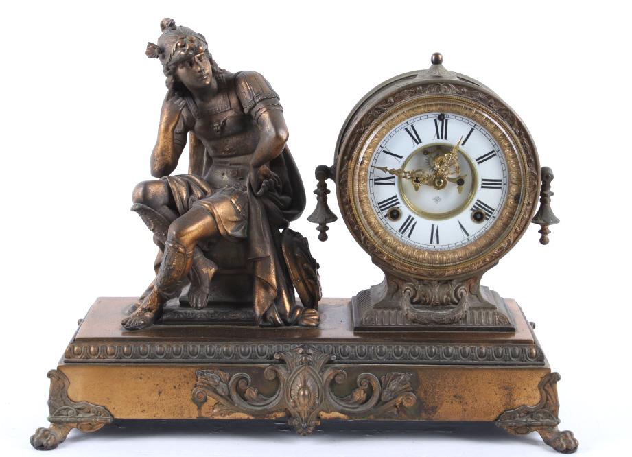Ansonia Clock Co. Hermes Brass Mantle Clock: Offered in this lot we have an Ansonia Clock Co. figural Hermes brass mantle clock originating from the 1880's to the 1910's. The Ansonia Clock Company was founded in 1851 in Ansonia, Connecticut as a