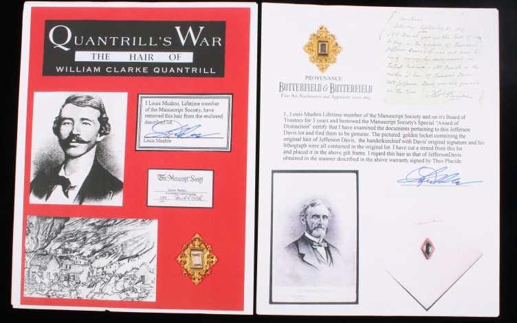 Jefferson Davis & William Quantrill Strand of Hair: Featured in this lot we have a strand of hair from Jefferson Davis and William Clarke Quantrill with certification papers from Louis Mushro. The Jefferson Davis hair is set into a golden locket with a