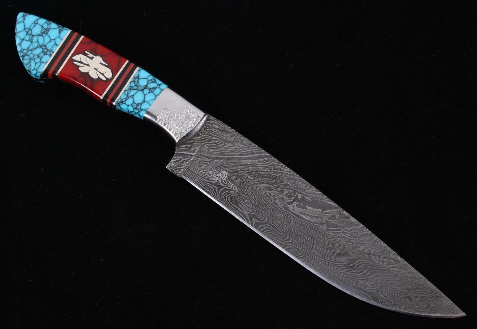 Navajo D. Yellowhorse Turquoise Thunderbird Knife: This is an excellent Navajo David Yellowhorse custom Damascus knife with amazing Thunderbird and stone inlays. David Yellowhorse has transformed this knife into visions of his Navajo heritage and the 