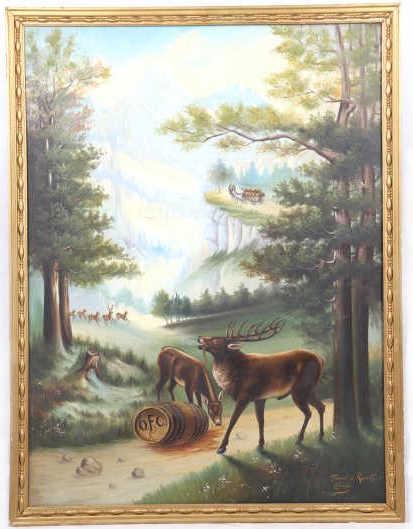 RARE Tweed & Rau Co. Chicago Adv. Painting c. 1900: For your consideration is this original Tweed & Rau Co. Chicago advertisement painting. The painting depicts a beer crate delivery where the wagon lost a barrel and some deer from the forest are check