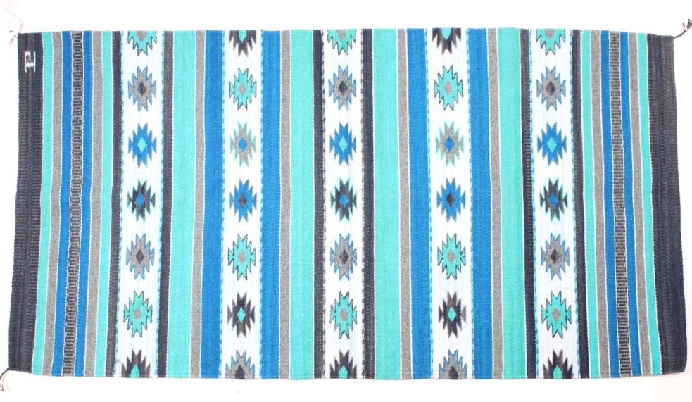 Diamonds Aqua Churro Wool Rug by Alicia Gutierrez: This is an excellent handwoven flat weave rug by master weaver Alicia Gutierrez using 100% soft fine Churro Wool yarns in an outstanding Diamonds Aqua pattern. Churro wool is a time-tested fiber that 