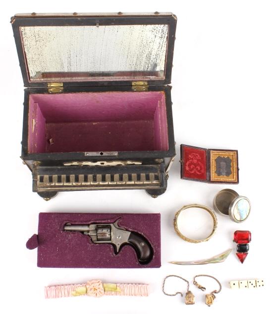 Pre 19th c. Feminine Boudoir Box & Personals: For your consideration is this feminine boudoir box full of a collection of personals shown from a pre 19th century time period. The box shows a saloon piano style construction and opens up to show a 