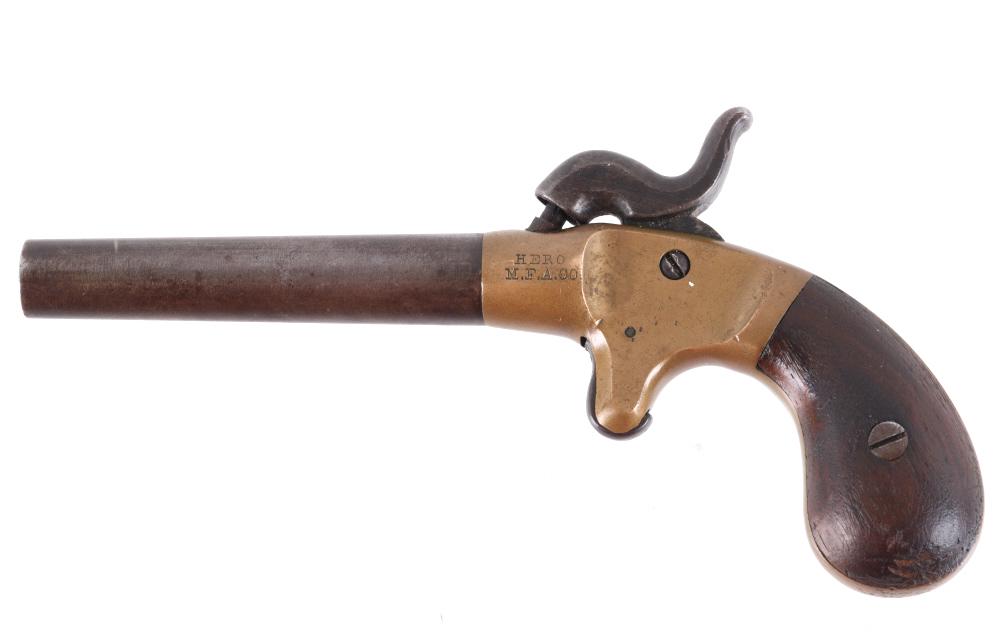Manhattan Arms Co. Hero Percussion Pistol: Included in this lot is a Manhattan Arms Co. Hero percussion pistol. This pistol utilizes a 3”round barrel that screws into a brass frame, straight grain walnut grips, and a spur trigger. Mechanics 