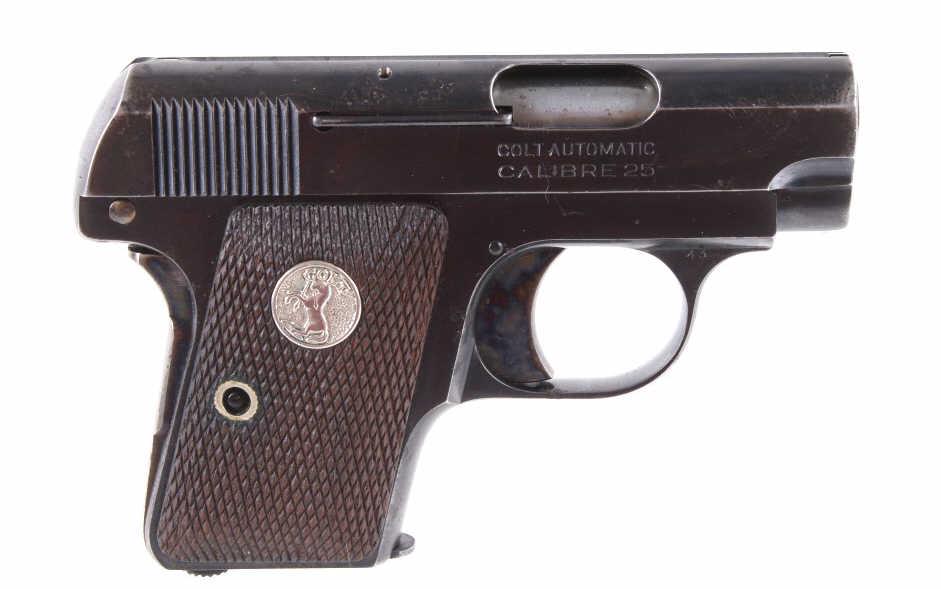 Colt Model 1908 Hammerless .25 Auto Pistol: This lot offers you a Colt Model 1908 Pocket Hammerless .25 Auto pistol. The Colt Model 1908 Pocket Hammerless is a variant of the Model 1903 introduced five years later in .380 ACP caliber. Despite t