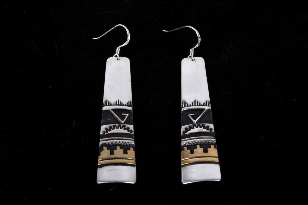 Navajo T&R Singer Sterling & 14K Gold Earrings: For your consideration is this hand stamped set of Navajo Native American Tommy & Rose Singer sterling silver and 14K gold earrings. Singer is thought to be one of the most important and greatest cont
