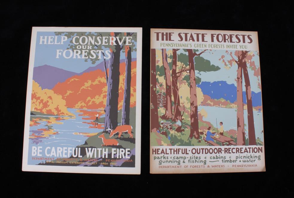 WPA Pennsylvania Forests & Waters Posters 1930s: For your consideration is a set of two Vintage WPA 1930's art poster color lithograph for Pennsylvania's Department of Forest & Waters. The first of the posters is a beautiful scene of two deer at the