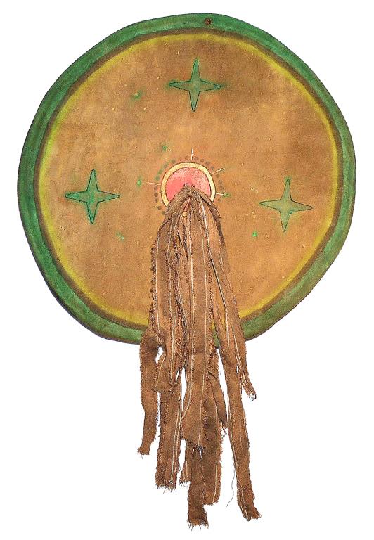 Comanche Buffalo Hide Medicine Shield 19th C.: The lot features a polychrome painted buffalo hide medicine shield attributed to the Comanche Native American Indians of Southern Oklahoma in the 19th Century. Provenance: The piece is from the Cyrus 