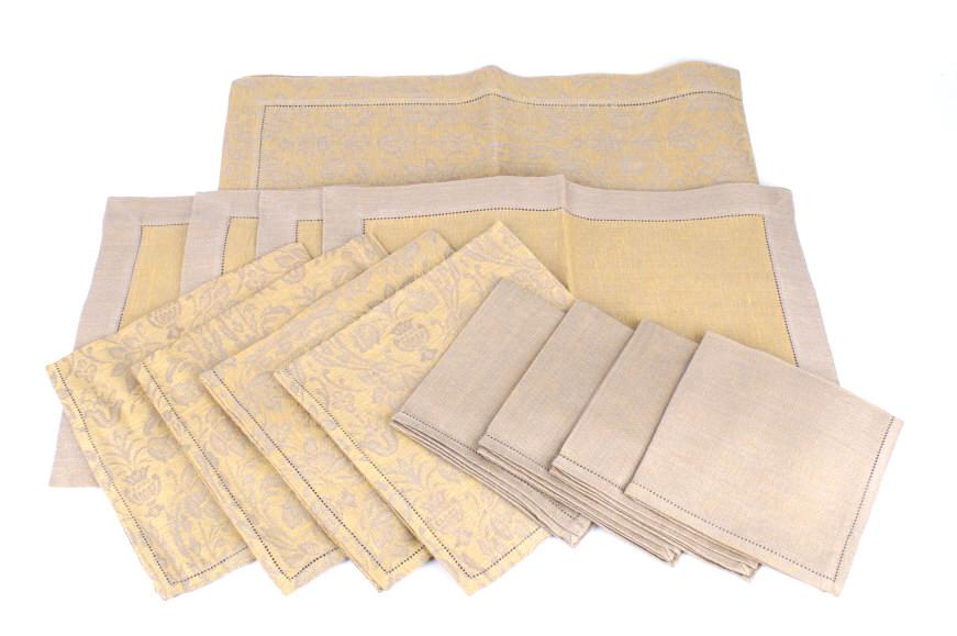 Tessitura Pardi Napkins, Table Runner, Placemats: Offered in this lot are eight Tessitura Pardi linen napkins , a table runner (19" X 90"), and four placemats. These are "new old stock" never used items of a discontinued color/pattern. These "Giallo"