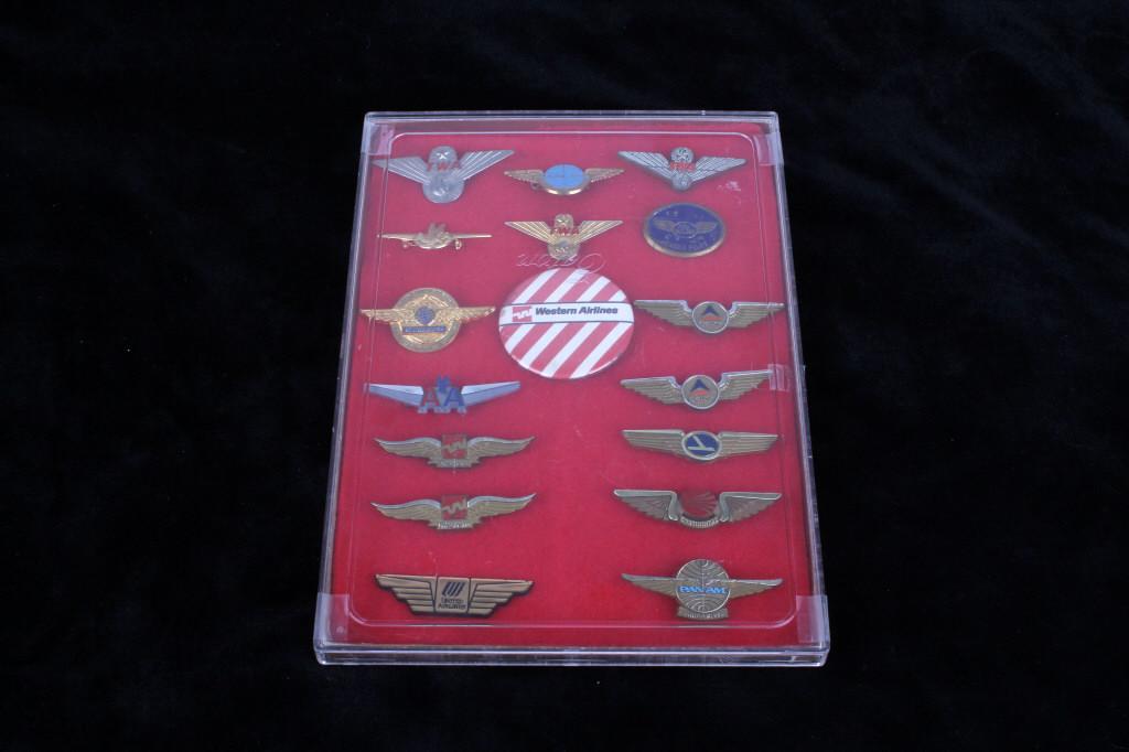 Collection of 17 Vintage Airlines Wing Badges: For your consideration is a collection of 17 vintage metal and plastic airline pins. This collection of airline pins includes pins from TWA, Pan American, AA, Western Airlines, United, Continental, De