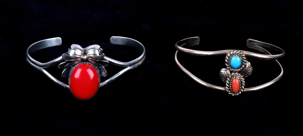 Navajo Split Band & Stone Signed Bracelets: For your consideration in this lot are two Navajo Native American split band bracelets. The first is a silver bracelet marked with the artists KS (Kirk Smith). Kirk Smith was a Native American of the 