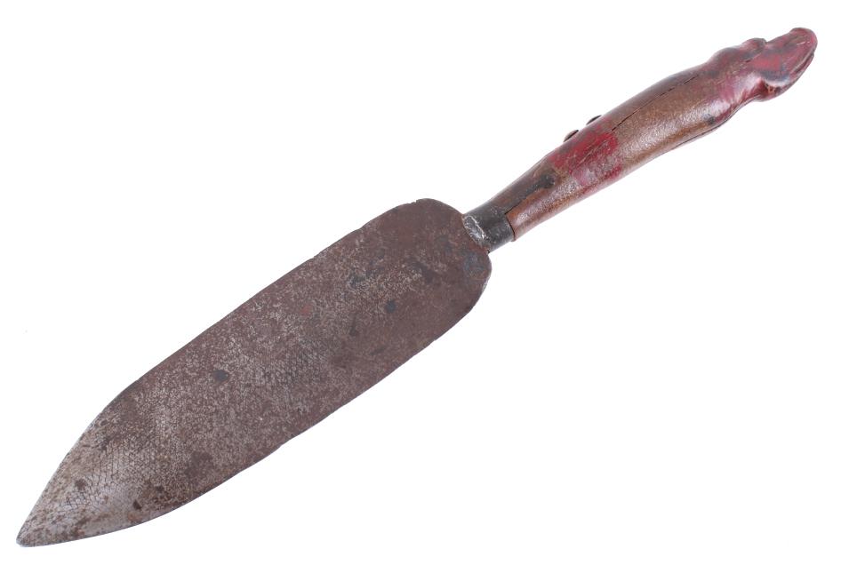 Dog Solider Dag Fighting Knife LARGE 19th C.: The lot features an incredibly interesting 19th Century extremely large dag knife with carved dog head end. The knife itself shows a dag “stabber” knife which is Indian blacksmith forged using a l