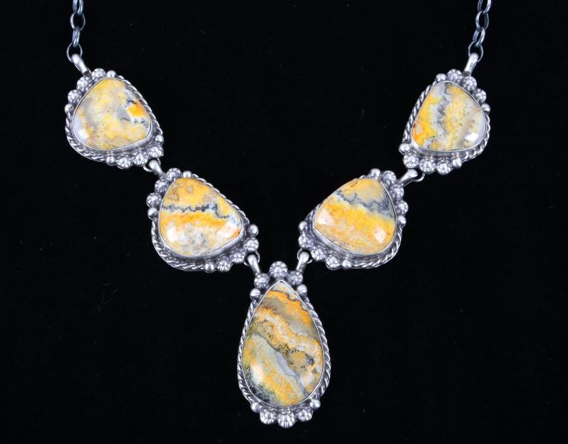 Navajo B. Lee Bumble Bee Jasper & Silver Necklace: For your bidding pleasure is a gorgeous Betta Lee Navajo Native American Bumble Bee Jasper and sterling silver necklace. This beautiful necklace features five pendants of polished Chimney Butte Jasper