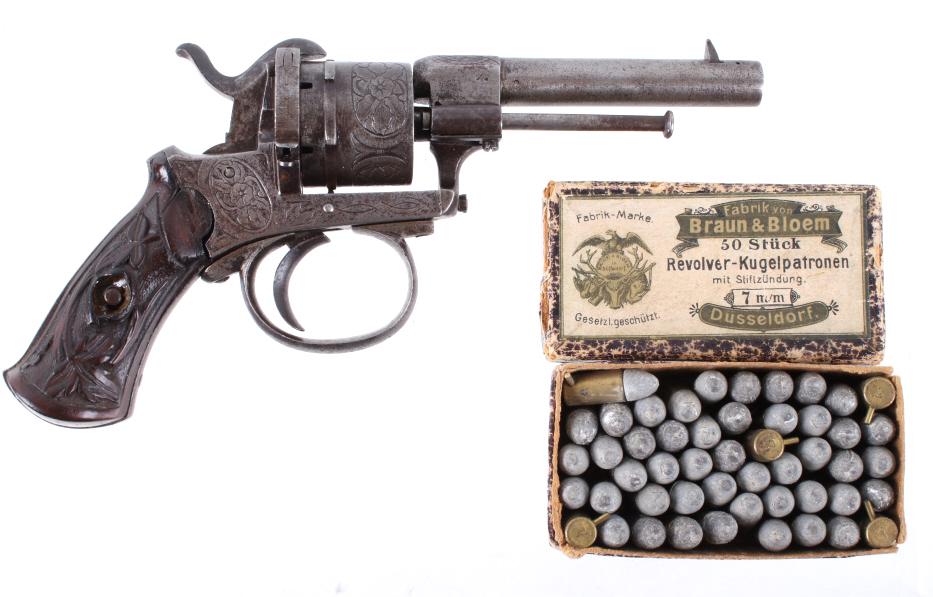 Engraved Belgian Pinfire 7mm Revolver c.1800's: Included in this lot is an unusual highly embellished and factory engraved 7mm pinfire revolver, circa 1860-1880. The pinfire system of ignition was invented and designed in Europe as one of the first