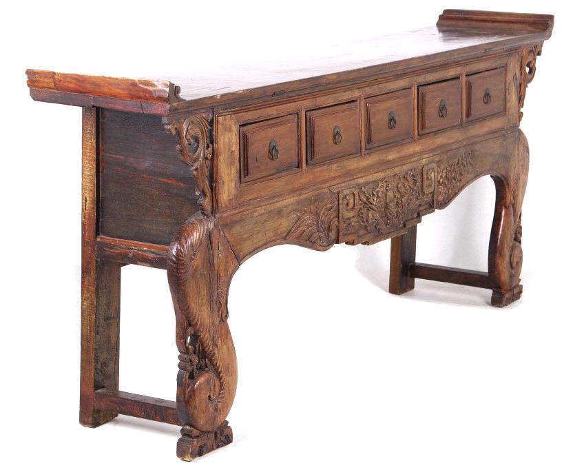Early Chinese Side Table Elaborate Carving 1800-: Featured in this lot we have a Chinese painted hardwood alter table originating from the late 1800's. The table shows solid hard wood construction with everted ends, five pull out drawers, and hand ca