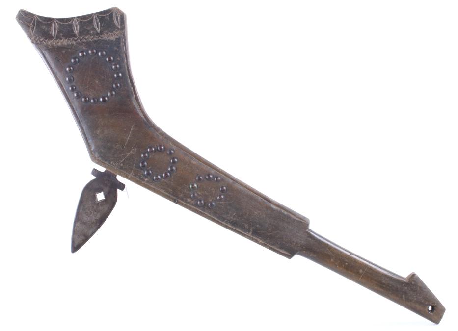 Plains Spontoon Gunstock War Club 19th Century: The lot features a 19th Century Plains Native American Indian gunstock spontoon war club tomahawk. The piece is very similar to the example documented in Harold L. Peterson’s 1965 book “American I