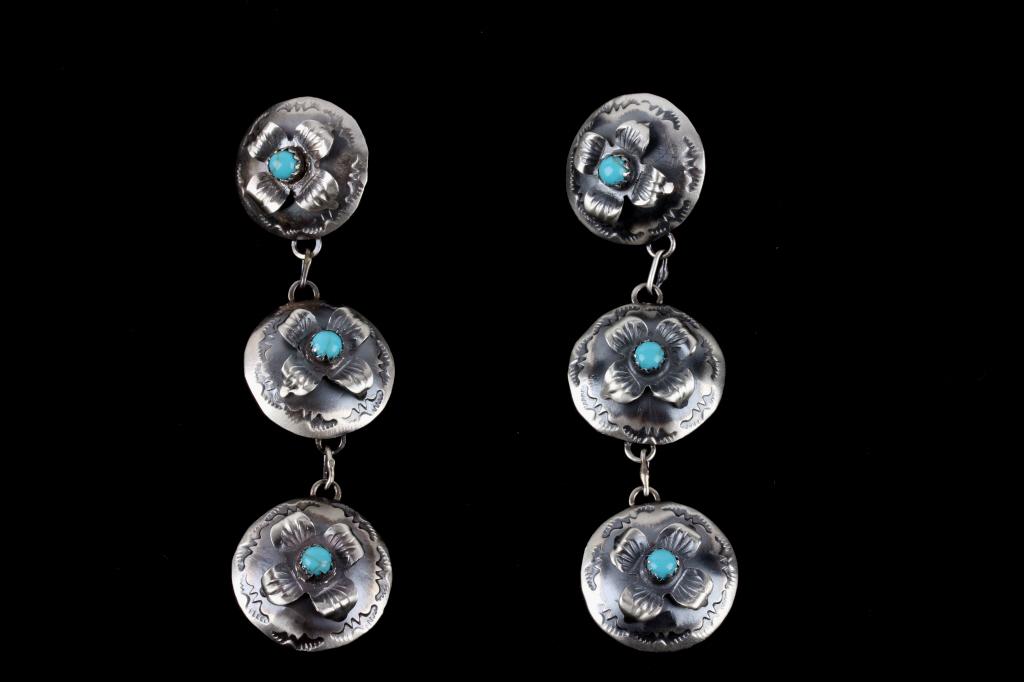 Navajo TY Sterling & Kingman Turquoise Earrings: For your consideration are handmade Tim Yazzie Navajo sterling silver and Kingman turquoise earrings. This pair of earrings is handmade by expert silversmith Tim Yazzie. Each ring shows three round, f