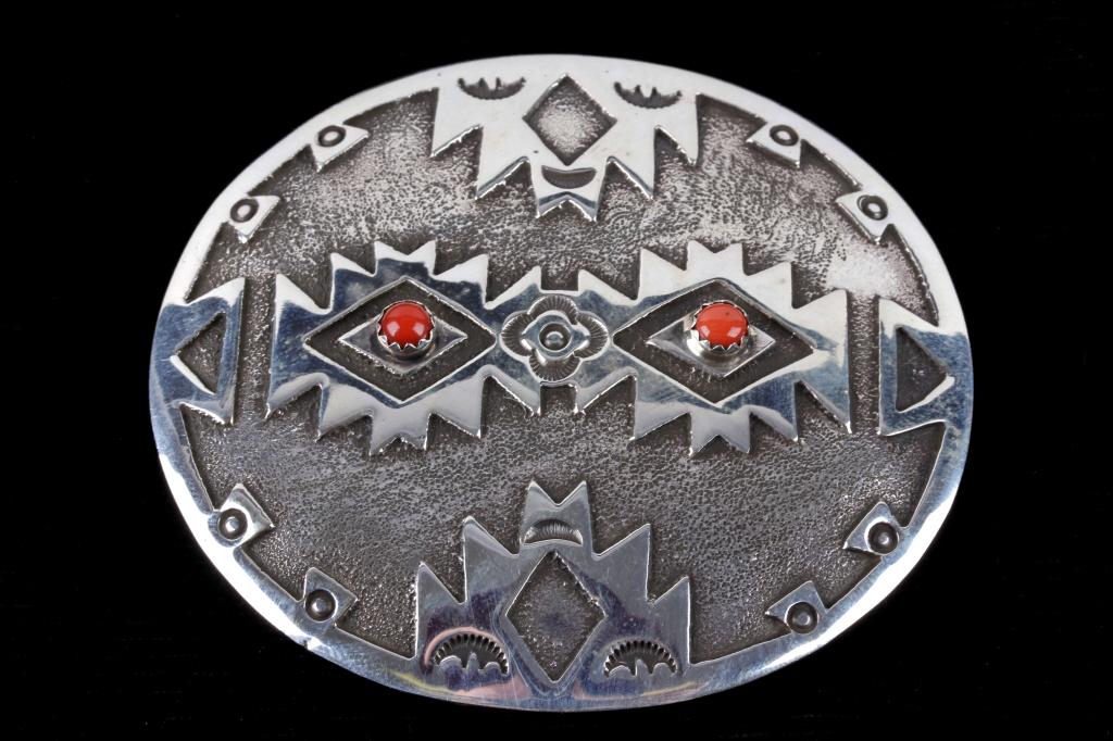 Navajo BK Sterling & Coral Overlay Belt Buckle: For your consideration is this signed sterling silver and Coral gemstone overlay belt buckle. This piece is handmade by expert silversmith Brian Kinsel. This buckle shows expert craftsmanship with a w
