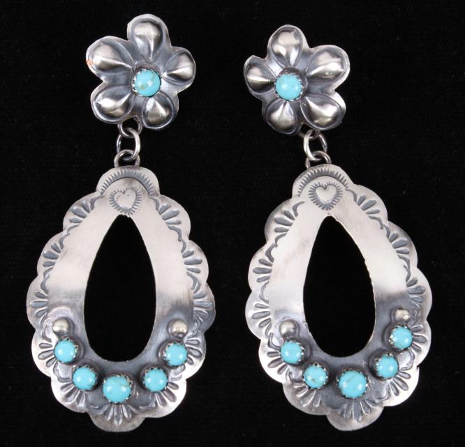 Navajo Yazzie Royston Turquoise & Silver Earrings: For your consideration is this pair of Tim Yazzie signed Navajo Native American sterling silver and Royston turquoise earrings. The earrings have a nice shiny patina to them with stamped western patte