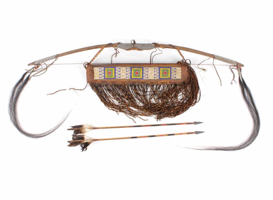 Northern Plains Beaded Quiver, Bow & Arrow Set: For your consideration is a fabulous Contemporary and Plains Indian style bow, beaded quiver and arrow set. This quiver shows a dark brown leaver arrow pouch with twisted and breaded fringe, with a co