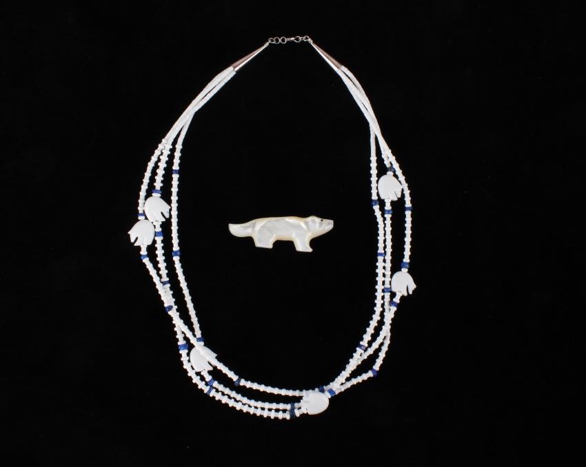 Eskimo Silver Carved White Marble Inlaid Fetishes: For your consideration is this sterling silver and white marble Heshi shell fetish necklace and carved mother of pearl figural fetish shown from Alaskan Inuit/ Eskimo Indians. The necklace shows polar