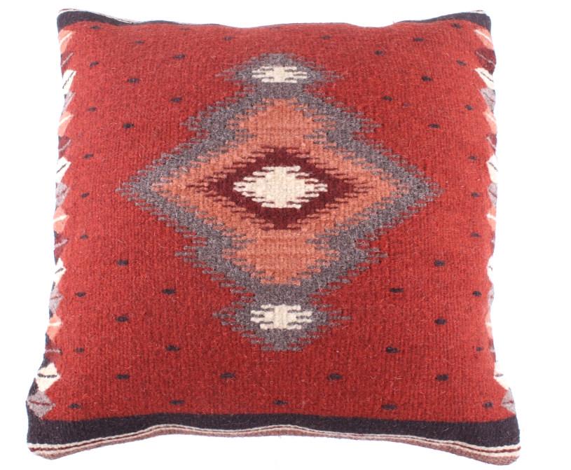 Soplador Rust Churro Wool Pillow by Luis Hernandez: This is an excellent handwoven flat weave pillow by master weaver Luis Hernandez using 100% soft fine Churro Wool yarns. Churro wool is a time-tested fiber that is both strong and soft along with prov