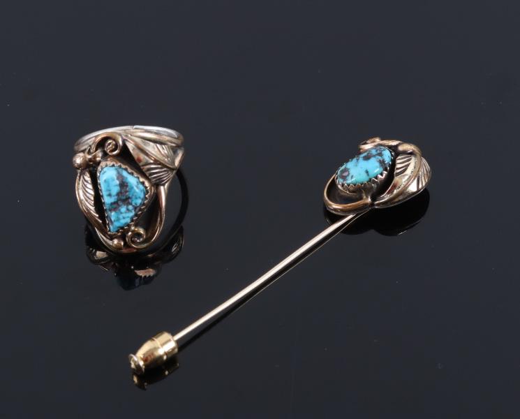 Navajo 12k Gold Fill & Turquoise Pin & Ring: Included in this lot we have a set of Navajo Native American 12k gold fill and turquoise decorative pin and ring. The ring displays 12k gold fill construction over sterling silver with a shadow box de