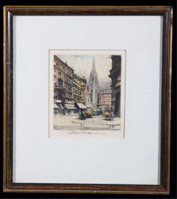 Austrian City Street Robert Kasimir Color Etching: Featured in this lot we have a colored etching of an Austrian city street by Robert Kasimir. Kasimir (1914- 2002) is a well known is a Austrian born artist known for his detailed cityscapes and landsc