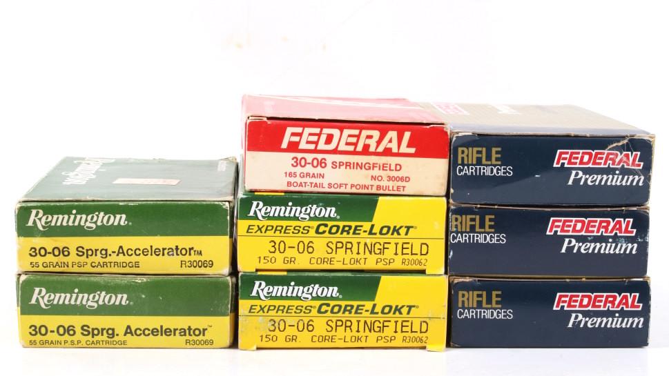 30-06 Springfield Ammunition Collection: Included in this lot is a collection of 30-06 Springfield Rifle ammunition. Included in the collection is one and half boxes of Remington Express Core-Lokt 150 Grain and two almost full boxes of Remin