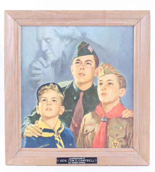 Signed Wilbur Boy Scout & Washington Framed Print: Included in this lot we have a signed Boy Scouts and Washington framed print by Wilbur circa mid 1900's. The print displays four figures, a bear scout, boy scout, and Ranger all looking in the distanc